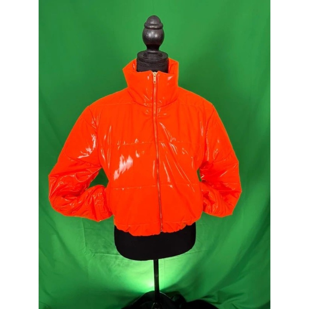 36points Women's M Orange High Shine Cropped Puffer Jacket Wet Look Y2K - Picture 2 of 11